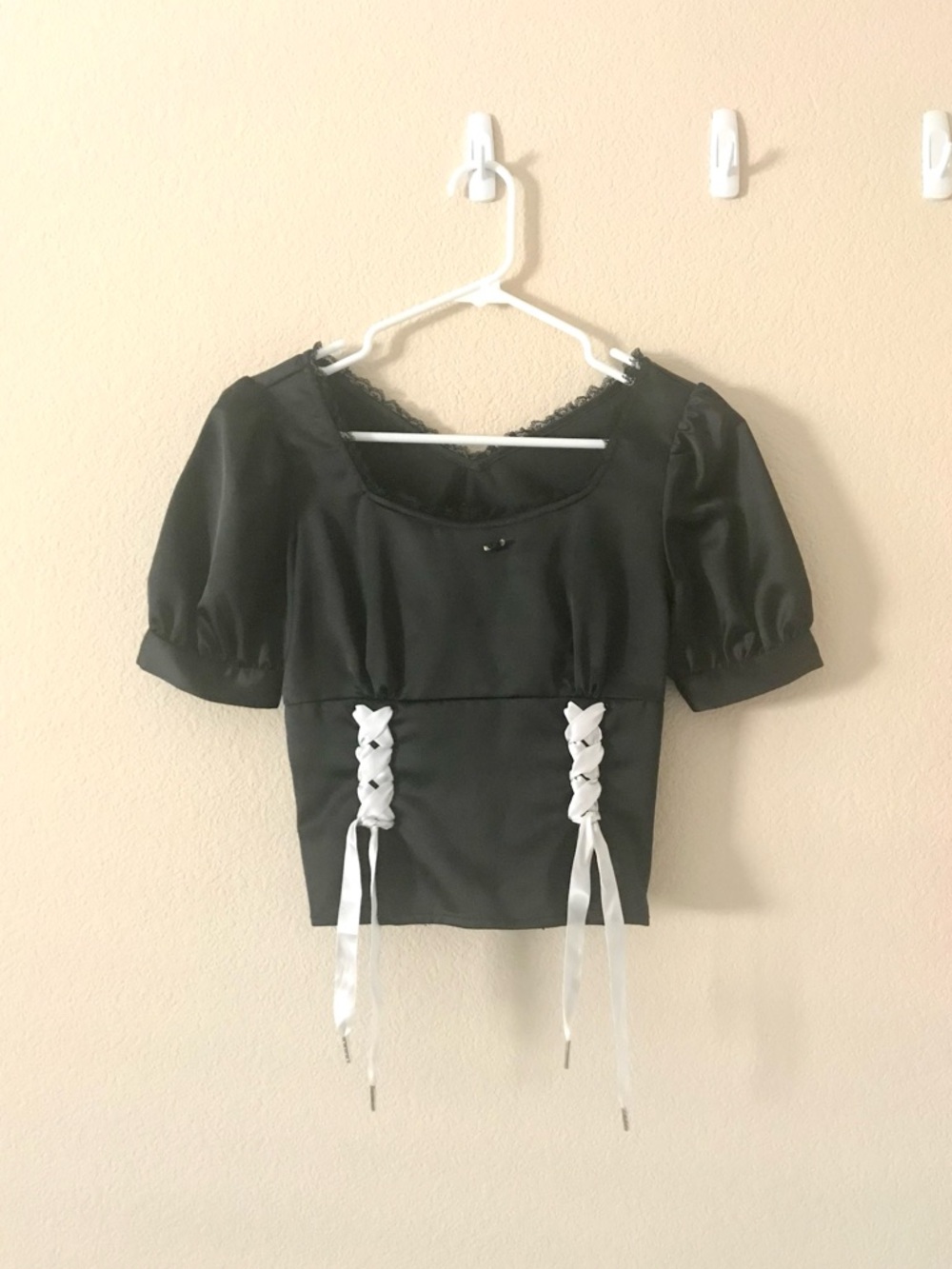 NWOT Japanese Brand EATME Black Puff Sleeve Lace Trim Corset Lace-Up Top